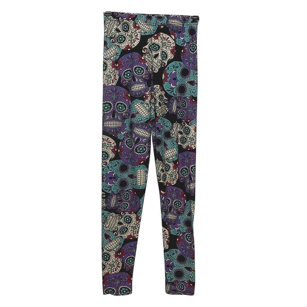Sugar Skull Print Leggings One Size Purple Teal Halloween Goth Stretch